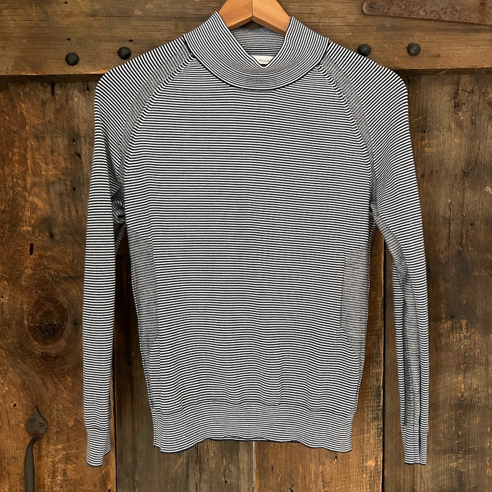 PETER MILLAR Raglan sleeve black/white striped high crewneck pullover. Size S.